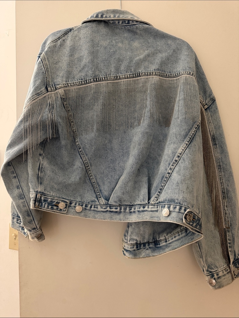 Steve Madden Light Blue Denim Jacket with Silver Chain Fringe